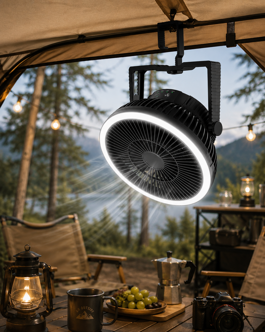 Portable Camping Fan with LED Lantern, Rechargeable 8-Inch Tent Fan