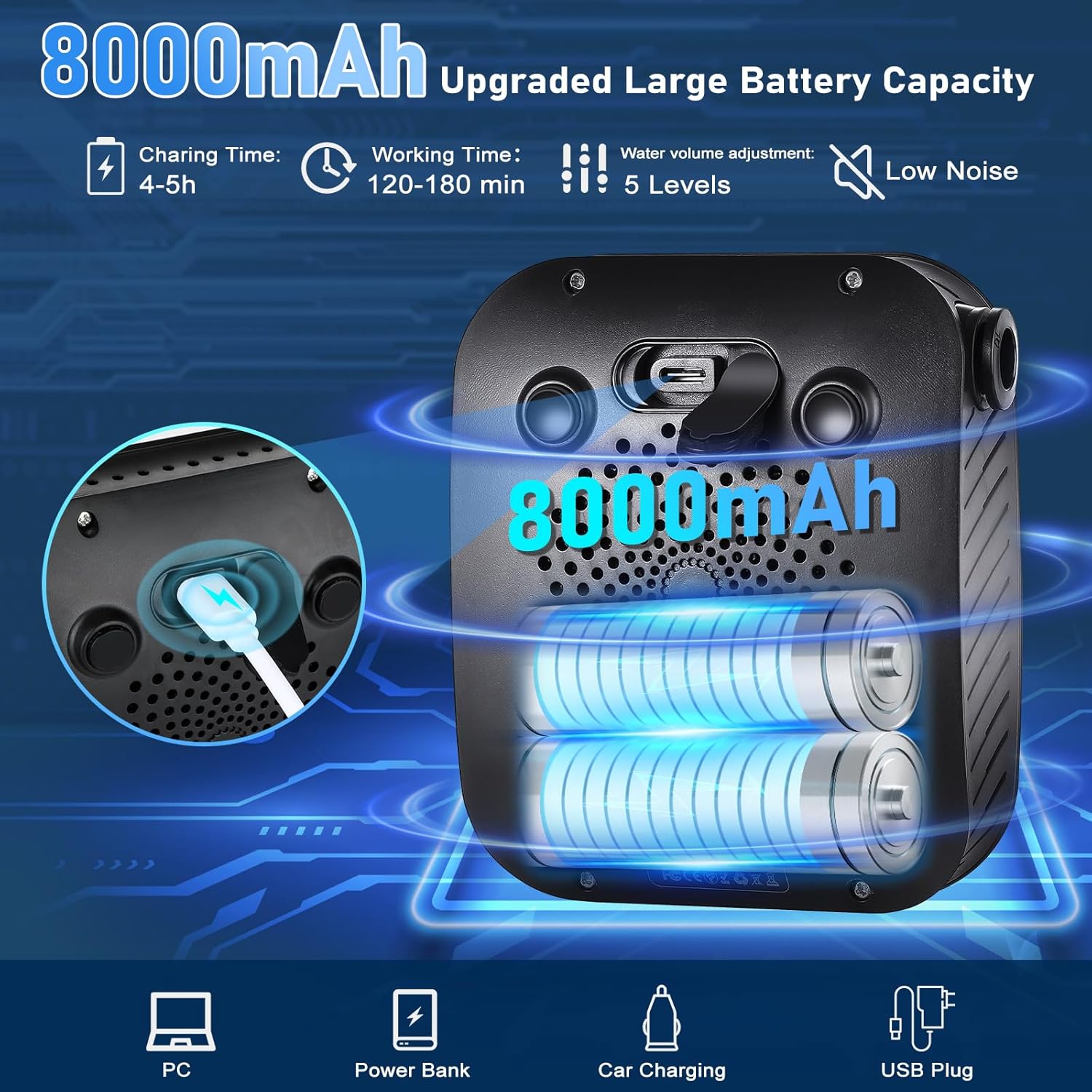 8000mAh Rechargeable Camping Shower with 4 Spray Modes