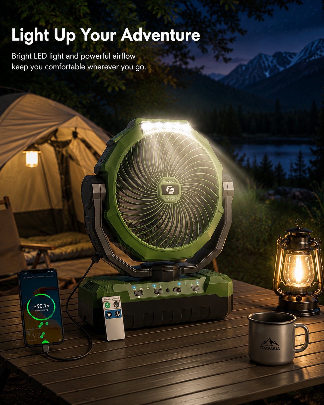 Rechargeable Camping Fan with Light & Remote Control