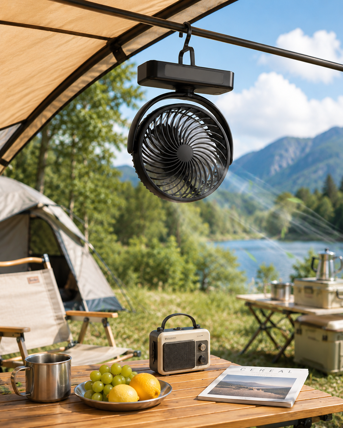 Rechargeable Camping Fan with LED Light for Tent RV Travel
